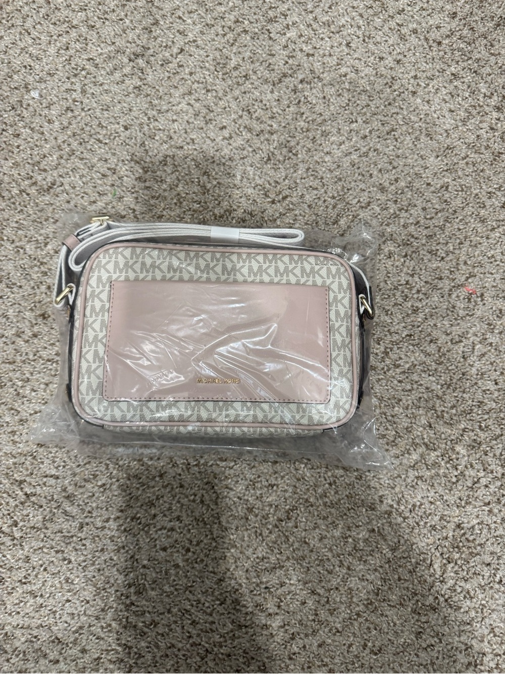 Michael Kors Cream and Pink MK Logo Crossbody Bag